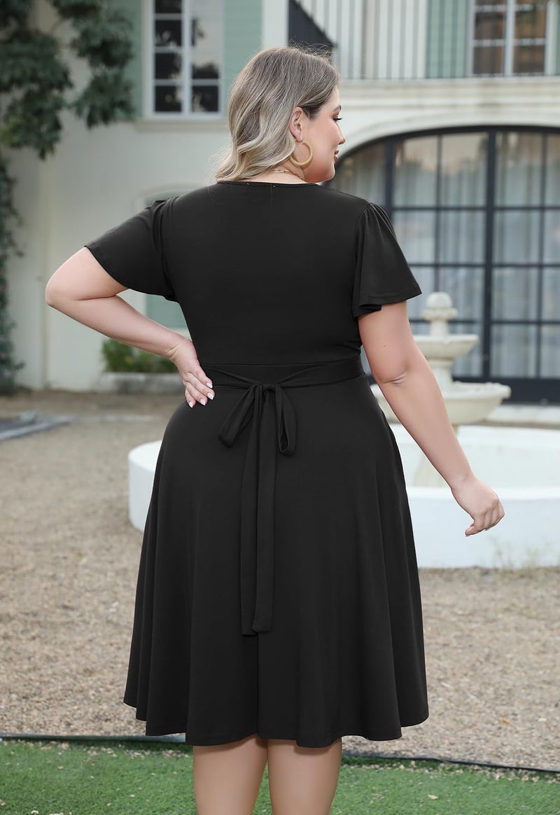 Nemidor Plus Size Dresses for Curvy Women Casual Summer V Neck Short Sleeve Midi Cocktail Vintage Dress with Pocket(073,26,Black) - Image 2